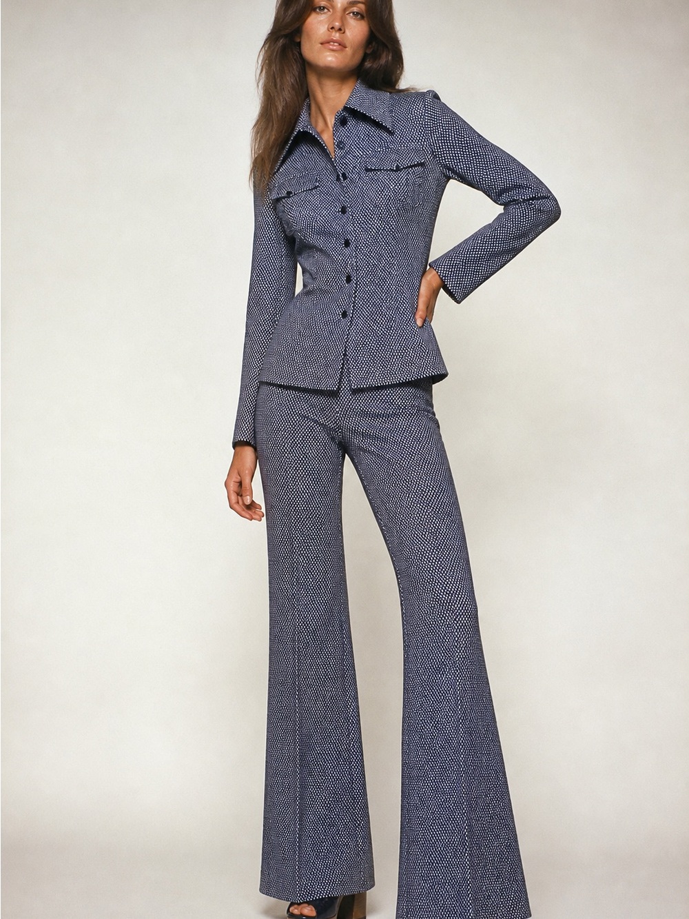 Vintage Retro 70s Navy White Geometric Pant Suit Set High Waist Flare M - Picture 10 of 10